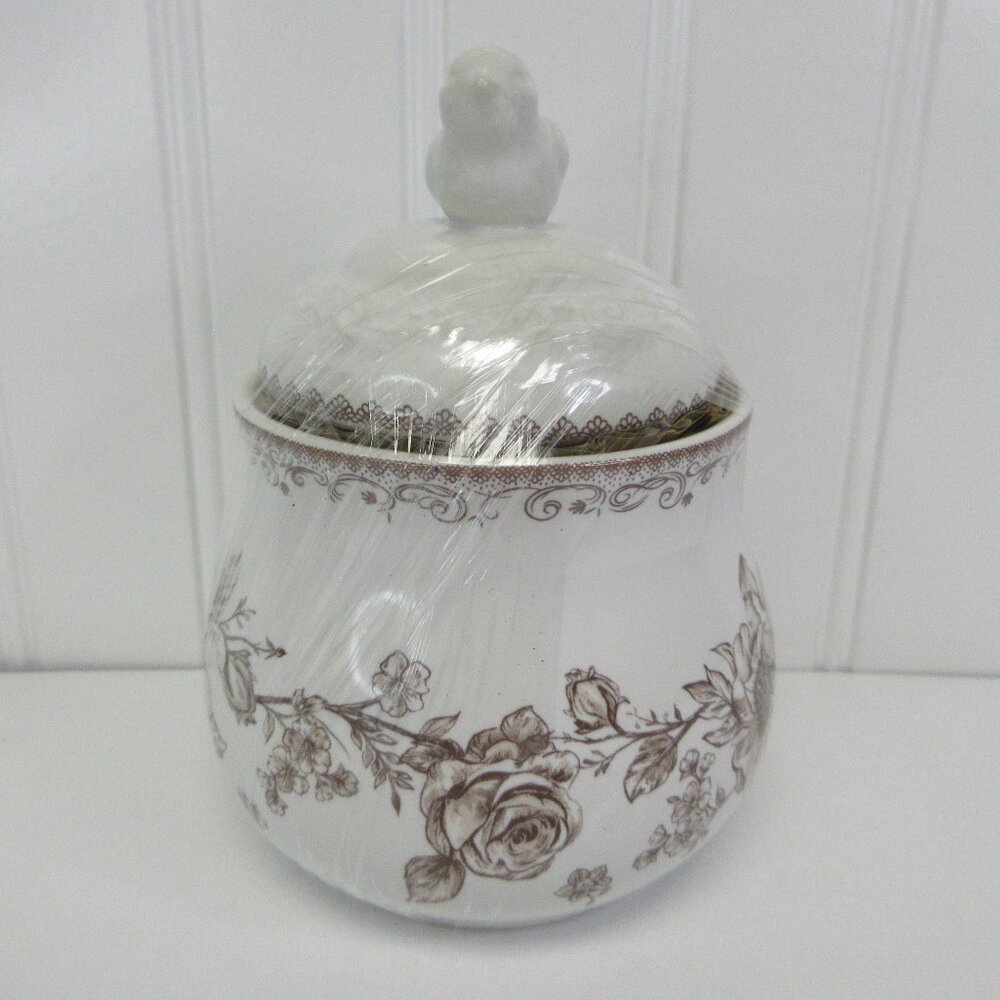 Pioneer Woman Agatha Bird Sugar Bowl W Lid Floral White Brown Stoneware New - Picture 3 of 12